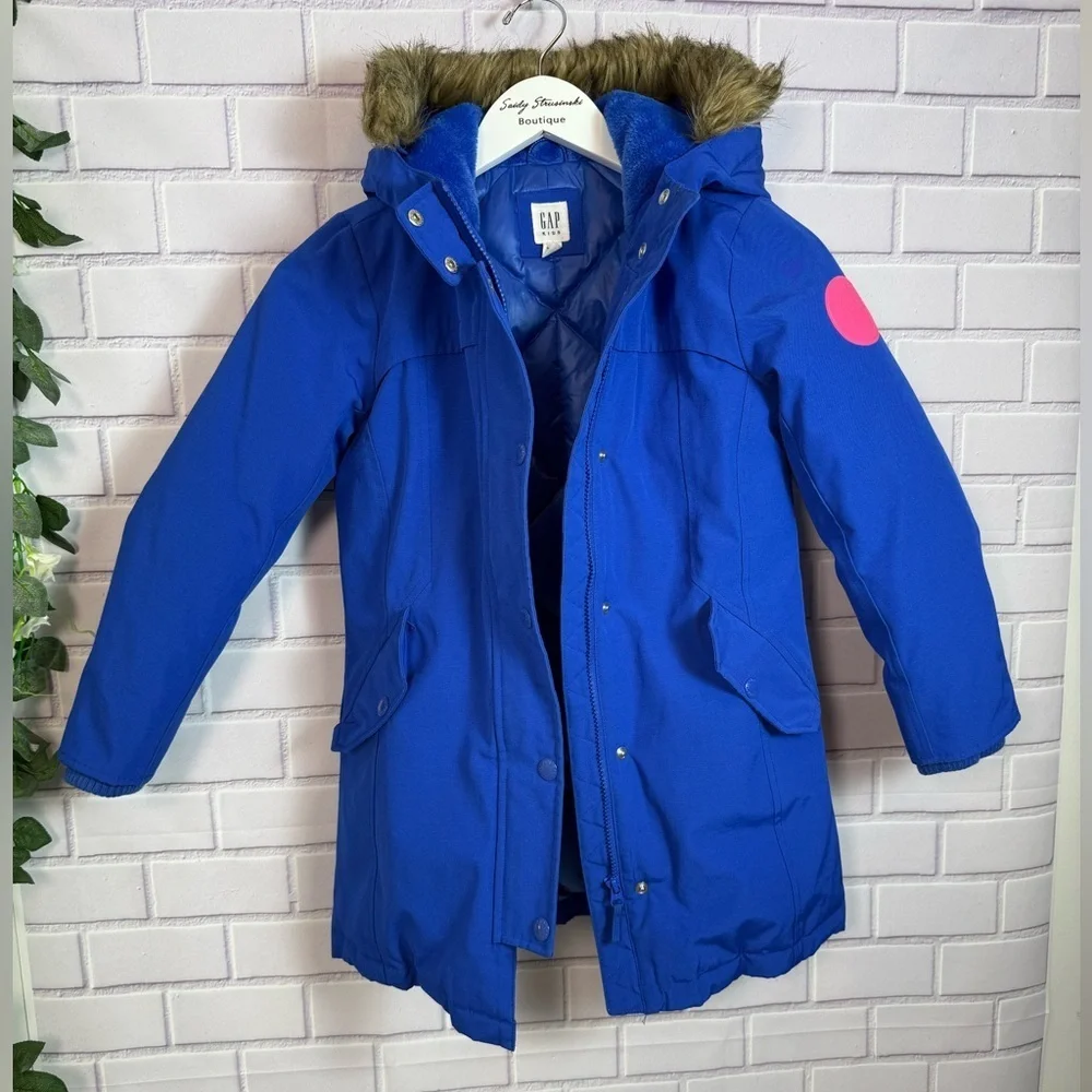 GAP Kids Blue Parka Coat Faux Fur Hood Winter Jacket Size M (8-9)